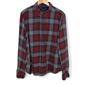 Denim & Flower Ricky Singh Red Gray Plaid Flannel Button Down Shirt Men's XL